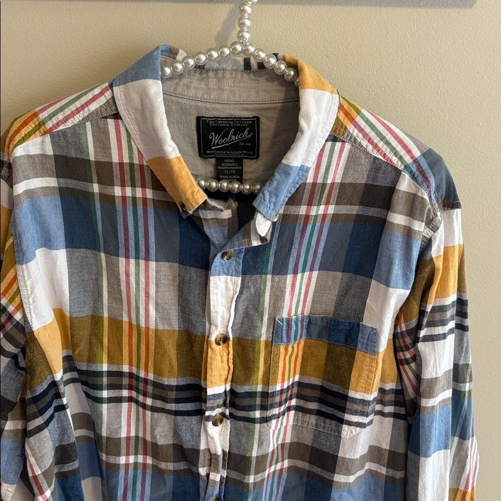 Woolrich Mens XL Plaid Button Down Shirt Blue Yellow Organic Cotton Long Sleeve